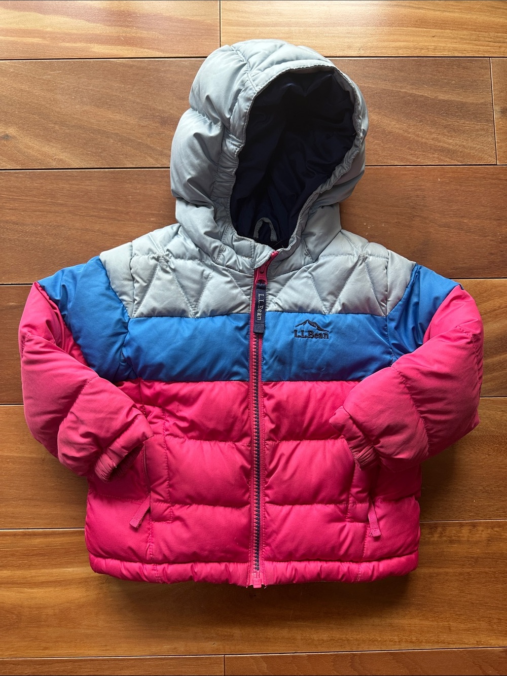 L.L. Bean Kids Colorblock Hooded Puffer Jacket - Pink, Blue, Gray 2T